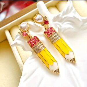 Gold-Tone Yellow Pencil Drop Earrings with Pink Crystal Accents
